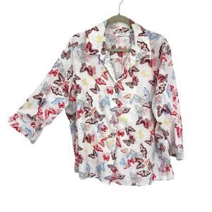 Foxcroft 20W Button Up Shirt Colorful Butterflies Cotton 3/4 Sleeve Wrinkle free